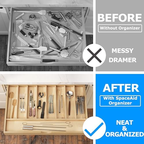 WelFurGeer Solid Birch Wood Silverware Drawer Organizer, Wooden Cutlery Drawer Organizer, Utensil Tray for Kitchen Drawers, Kitchen Utensil Organizer for Silverware, Flatware, Spoons, Forks, Knives - Image 3