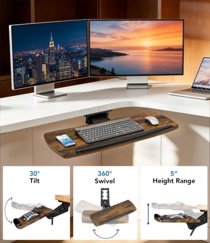Keyboard Tray Under Desk with Storage Drawer, Height Adjustable Keyboard Tray Slide Out 360° Swivel Tilt, Ergonomic Under Desk Mount Keyboard & Mouse Holder for Gaming Home Office, 28''x11'' Vintage - Image 4