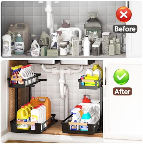 Under Sink Organizers and Storage, 2 Pack L-Shaped Pull Out Cabinet Organizer, 2 Tier Sliding Storage Rack with Adjustable Height, Metal Under Sink Shelf for Kitchen, Bathroom, Pantry, Black - Image 6
