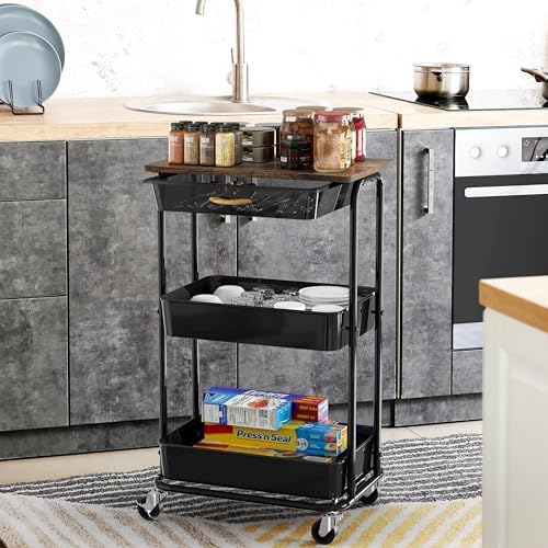 Simple Houseware 3-Tier Utility Cart with Drawer & Wood Top, Rustic Brown - Image 4