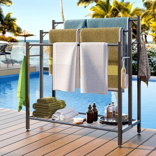 HavenlyYouth 3 Tier Towel Rack with Large Storage & 6 Hooks, Blanket Rack for Oversized Bath Towels, Free Standing Pool Towel Rack Stand for Bathroom Pool Indoor/Outdoor, 35.8" H x 31.5" L x 11.8" W - Image 2