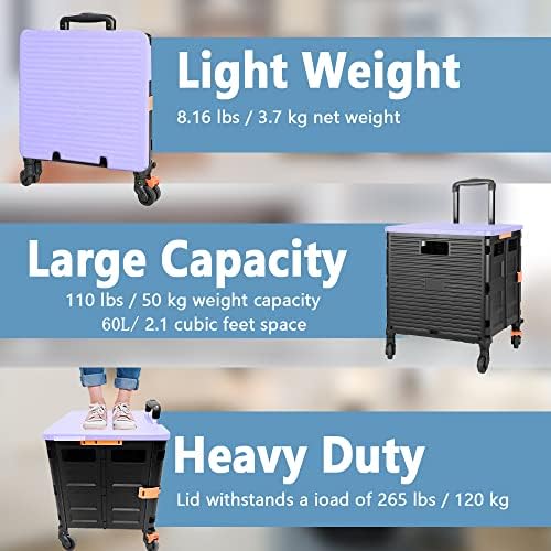FELICON SELORSS Foldable Utility Cart Folding Portable Rolling Crate-Purple - Image 3