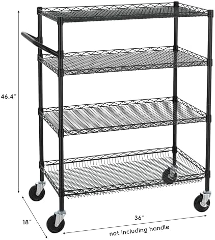 Finnhomy 4 Tier Heavy Duty Commercial Grade Rolling Cart with Handle Bar, Metal Wire Utility Cart with Wheels, Service Trolley on Wheels, Shelf Size 18" D x 36" W, NSF, Black - Image 3