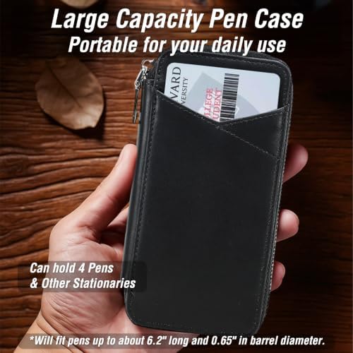 Top Grain Genuine Leather 4 Fountain Pen/Pencil Case Pouch, Handmade Minimalist Design, Zipper Closure with Multi-Function & Slots, Gift Choice for Man/Woman/Office, Glossy Black, 4 Slots - Image 2
