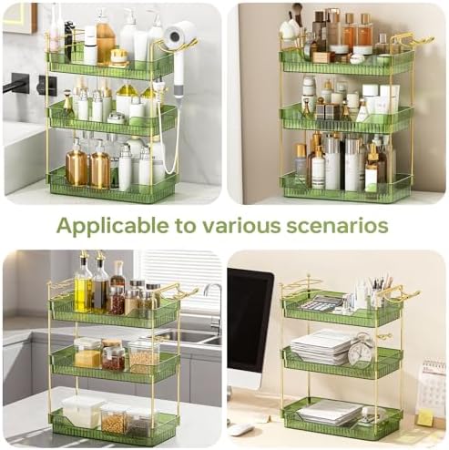 Bathroom Counter Organizer with Hair Dryer Holder and Toothbrush Holder, Acrylic Vanity Tray for Skincare, Perfume, Makeup Storage on Countertop ＆ Dresser (Green, 3-Tier) - Image 6