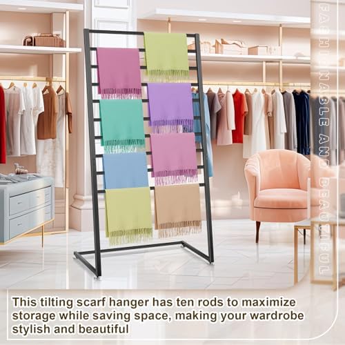 Hijab Organizer, 10 Tier Metal Scarf Holder Organizer, Freestanding Scarf Shawl Display Stand Belt Holder for Boutique, Retail Store, Bedroom, Clothing Store(Black,57" X 31.5" X 15.75") - Image 3