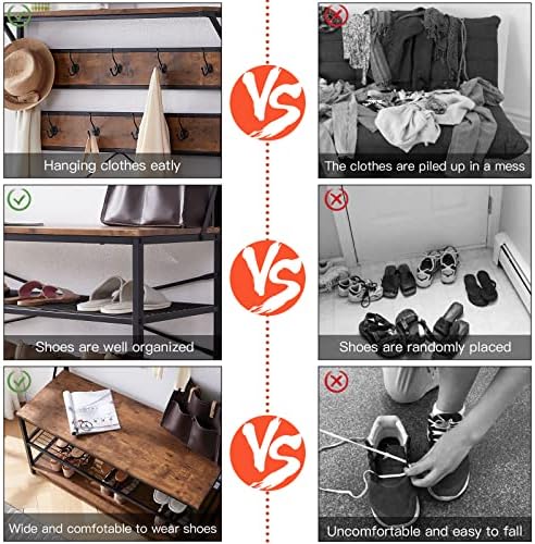 3-in-1 Entryway Coat Rack,Vintage Industrial Hall Tree 72 Inch with Storage Bench and Coat Racks Entryway Storage Shelf Organizer with 9 Hooks， Large Size, Wood Look Accent Furniture with Metal Frame - Image 7