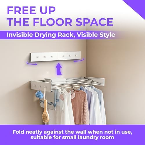 Wall Mounted Clothes Drying Rack - 31.5" Foldable Clothes Drying Rack Wall Mount, 5 Steel Rods With Knobs, Retractable Space-Saving Laundry Rack, Heavy Duty 60 lbs Capacity (Wall Template Included) - Image 4