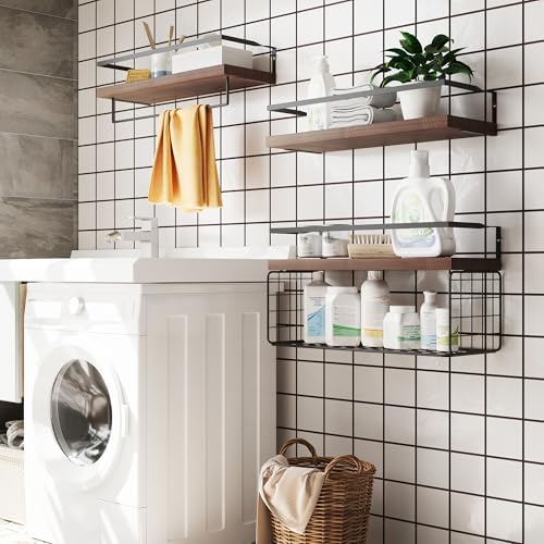 Wood Floating Shelves Wall Mounted - 3+1 Tier Rustic Bathroom Shelves Over Toilet with Wire Storage Basket &Towel Bar, Set of 3 Farmhouse Floating Shelf for Bathroom,Kitchen,Bedroom,Dark Brown. - Image 5