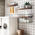 Wood Floating Shelves Wall Mounted - 3+1 Tier Rustic Bathroom Shelves Over Toilet with Wire Storage Basket &Towel Bar, Set of 3 Farmhouse Floating Shelf for Bathroom,Kitchen,Bedroom,Dark Brown. - Image 5