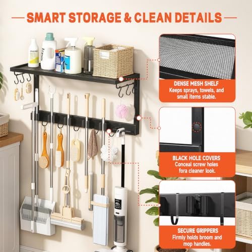 Broom Holder Wall Mount Heavy Duty, 26.8" Garage Tool Organizer with Shelf and Hooks, Metal Broom and Mop Organizer Wall Hanging for Laundry Room, Kitchen, Black - Image 6