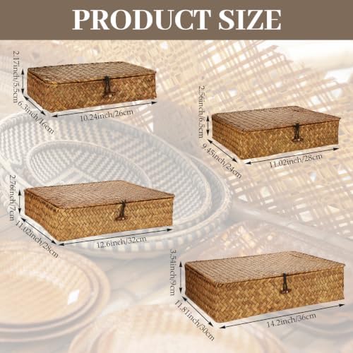 Certbuy Set of 4 Wicker Basket with Lid Nautral Seagrass Storage Baskets Sturdy Woven Rectangular Basket Bins for Organizing Shelf Closet Bedroom - Image 2