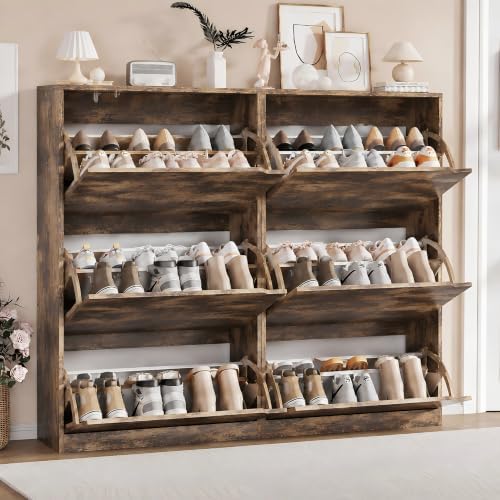 Shoe Storage Cabinet, Wood Shoe Organizer for Entryway with 3 Flip Drawers, Freestanding Shoe Rack with Adjustable Shelf, Narrow Shoe Dresser for Front Door Entrance (Brown, Regular 6 Drawers) - Image 3