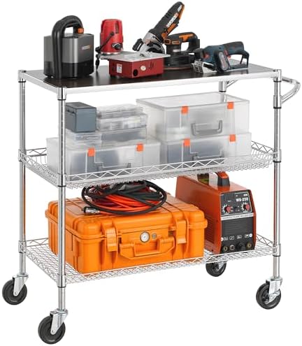 Finnhomy 3 Tier Heavy Duty Commercial Grade Utility Cart with Wood Top, Wire Rolling Cart with Wheels and Handle Bar, Kitchen Carts on Wheels, 18x36x35.4 H Metal Cart with 600 LBS Capacity, Chrome - Image 2