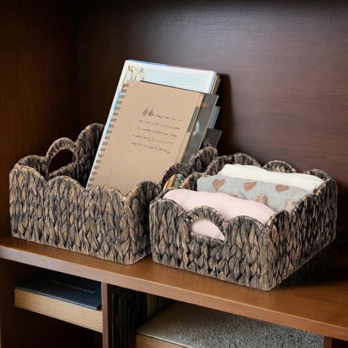 Scalloped Baskets (Natural-Set of 2) Basket Living Room Organizer, Water Hyacinth Baskets For Decor, Woven Basket Boho Style for Bathroom, Bedroom, Laundr,...Iron Frame. - Image 5