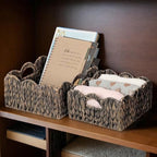 Scalloped Baskets (Natural-Set of 2) Basket Living Room Organizer, Water Hyacinth Baskets For Decor, Woven Basket Boho Style for Bathroom, Bedroom, Laundr,...Iron Frame. - Image 5