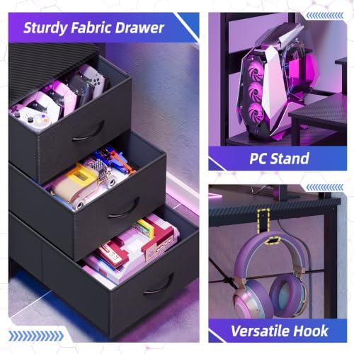 SUPERLELE Gaming Desk with Power Outlet, LED Lights, Storage Shelf & Drawer - Image 7