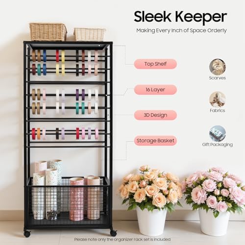 Double-Sided 16-Layer Ribbon Holder Organizer Rack with Wheels Floor Standing Wrapping Paper Display Shelf for Florist Craft Room Cake Shop, 110lbs Load-Bearing Capacity - Image 2