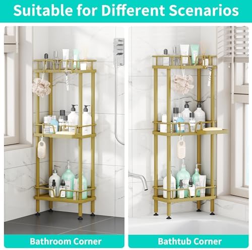 HapiRm Standing Corner Shower Caddy - 3 Tier Corner Shower Organizer with Soap Holder, Rustproof Stainless Steel Bathroom Shelf with 4 Hooks, Gold - Image 4