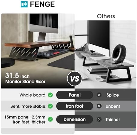 Fenge Monitor Stand Riser, Wooden & Metal Desk Shelf Organizer, Brown - Image 3
