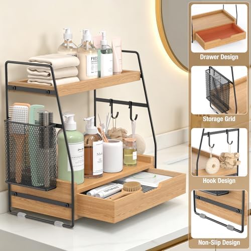 2-Tier Bathroom Counter Organizer with Drawer, Wood Counter Storage Shelf - Image 3