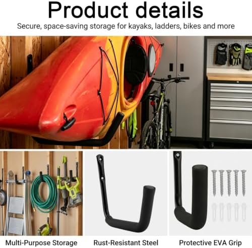 4 Pack Heavy Duty Garage Storage Hooks, 55 LB Capacity, 15 Inch Metal Wall Mount Hanger, Hanging Storage Rack, for Kayaks, Surfboards, Ladders, Bikes and More - Image 5