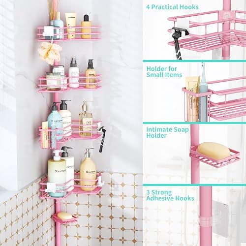 HapiRm Corner Shower Caddy Organizer - Shower Organizer Corner with Soap Holder, Toothbrush Holder and 4 Hooks, Rustproof Bathroom Shelf Tension Pole Available for 27.6 to 108.3 Inch - Pink - Image 2