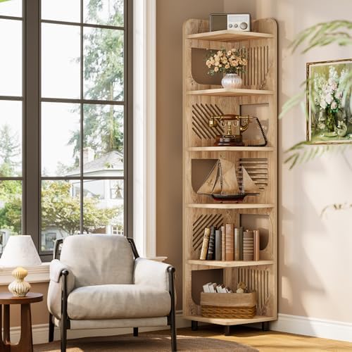 Tribesigns 6 Tiers Corner Shelf, Tall Skinny Corner Bookshelf Bookcase with Hollow Design, Farmhouse Narrow Display Shelf for Living Room, Bedroom, Small Space, Natural by Tribesigns