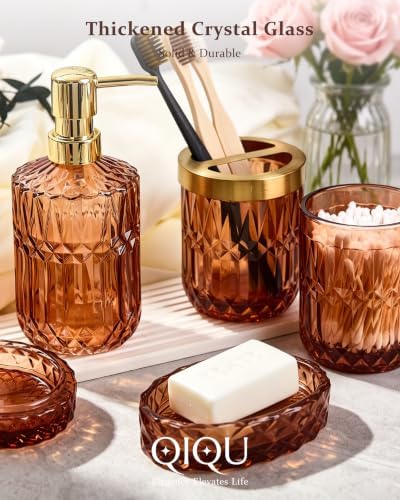 Bathroom Accessories Set, 5Pcs Clear Glass Bathroom Accessories, Soap Dispenser, Soap Dish, Toothbrush Holder Set, Tumbler, Qtips Holder for Vintage Crystal Bath Decor (Amber) - Image 4