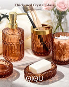 Bathroom Accessories Set, 5Pcs Clear Glass Bathroom Accessories, Soap Dispenser, Soap Dish, Toothbrush Holder Set, Tumbler, Qtips Holder for Vintage Crystal Bath Decor (Amber) - Image 4
