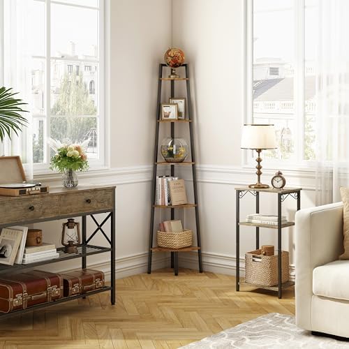 Hoctieon Corner Shelf, 5-Tier Corner Bookshelf, Rustic Ladder Shelf, Industrial Display Stand for Living Room, Kitchen, Home Office, Balcony, Small Space, Metal Frame, Rustic Brown - Image 6