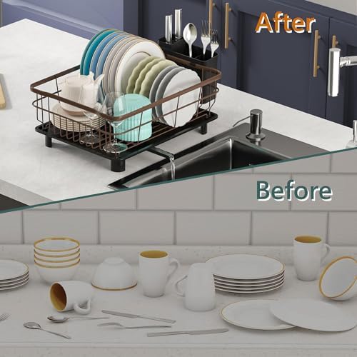 AIDERLY Metal Dish Drying Rack Automatic Drainage, Brown, Large - Image 5