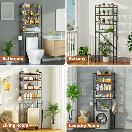 Over-The-Toilet Storage,4 Tier Adjustable Bathroom Organizers and Storage with Toilet Paper Holder and 9-Hooks,Toilet Rack for Cabinet Organizer,Fit Most Toilets(Rustic Brown) - Image 6