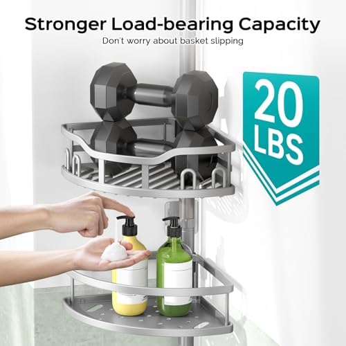 HAMITOR Corner Shower Caddy Tension Pole: Rustproof Stable 4-Tier Bathroom Organizer Shelves for Bathtub Shampoo Storage - 47-121 Inch Quick Install Adjustable Shelf with Soap Rack - Silver Gray - Image 3