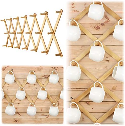 Dseap Accordian Wall Hanger: 16” High Wooden Wall Expandable Coat Rack, Hat Rack Holder, Accordion Hook for Baseball Caps, Coats, Mugs, 20 Peg Hooks, Natural - Image 4
