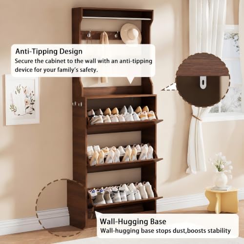 Walnut Hidden Shoe Cabinet with 3 Flip Drawer & Coat Rack, Entryway - Image 6