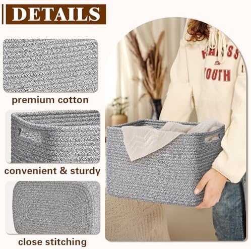 Storage Baskets for Organizing, 4 Pack Baskets for Shelves, Decorative Storage Bins for Shelves, Cotton Rope Storage Basket with Handles, Woven Basket for Storage, 13''Lx8.7''Wx7.9''H, Gray - Image 5