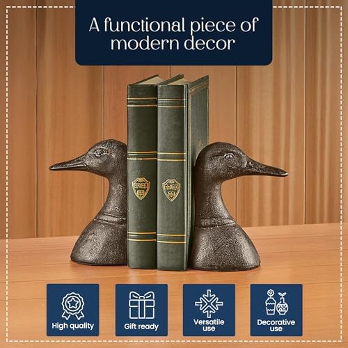 Decorative Distressed Cast Metal Duck Head Bookends - Heavy Duty Book Stopper for Shelves, Cute Novelty Book Holder - Rustic Vintage Home Office Organizer Set of 2 - Image 5