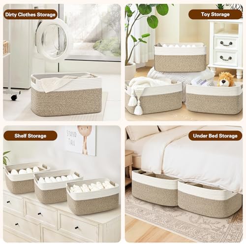 3 Pack Large Storage Basket for Organizing, 17.5"x13"x7" Woven Basket for Shelves, Closet Cube Storage Bins with Wrapped Handle, Cotton Rope Baskets for Kitchen, Clothes, Toys(Off White & Brown) - Image 4