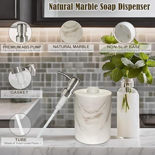 Marble Soap Dispenser, soap and Lotion Dispenser Bathroom, with Rust Proof Stainless Steel Pump Refillable for Kitchen Bathroom Countertop-Hand Lotion and Liquid Soap Dispenser-White - Image 2