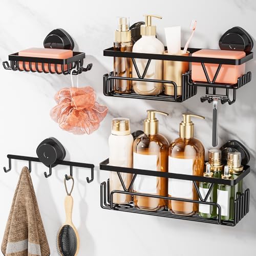 KEGII Shower Caddy Suction Cup, 4 Pack Suction Shower Shelf with Towel Rack No Drilling, Removable Shower Organizer with Hooks & Soap Holder, Space-Saving Bathroom Storage (Black) by KEGII