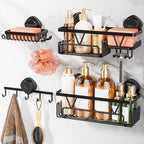 KEGII Shower Caddy Suction Cup, 4 Pack Suction Shower Shelf with Towel Rack No Drilling, Removable Shower Organizer with Hooks & Soap Holder, Space-Saving Bathroom Storage (Black) by KEGII