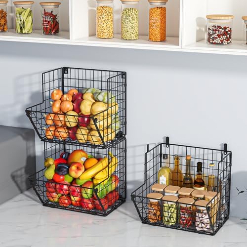 X-cosrack Metal Wire Basket Wall Mount, 3 Tier Wall Storage Organizer with 5 S Hooks, Kitchen Fruits and Vegetables Bin Toys Organizer Hanging Basket Black (S (10.83" L x 10.63" W x 30" H)) - Image 3