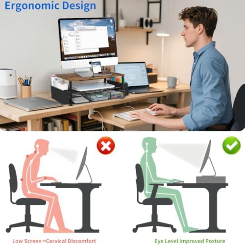 AUPSEN Wood Desk Organizers and Accessories, 2-Tier Computer Monitor Stand Riser with Drawer, Pen Storage & Phone Holder, Office Desk Accessories, Workspace Desktop Organization for Office Supplies（Brown） - Image 2