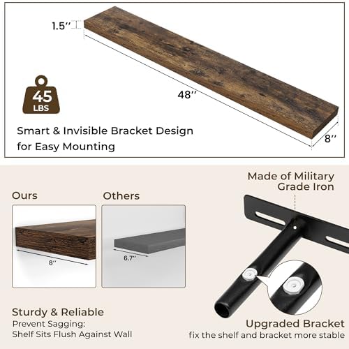 RICHFOCUS Long Floating Shelves for Wall 2Pack|Rustic Brown|48" Lx8 D - Image 4
