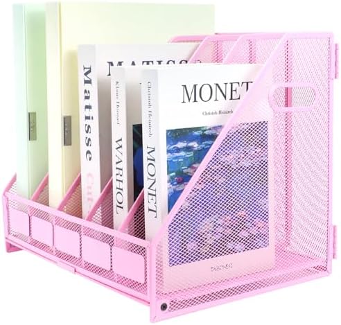Desk Organizers Metal Magazine File Holder Racks Desktop Folder Storage Binder Organiser Document Organization for Home Office & Classroom,5 Vertical Compartments-Pink by TSDRBWO