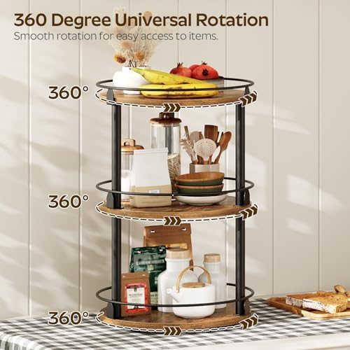 YATINEY 3-Tier Lazy Susan Organizer, Rotating Spice Rack, Spinning Organizer, Industrial Turntable Spice Rack Organizer for Cabinet, Kitchen Countertop, Pantry, Rustic Brown and Black SR23BR - Image 2