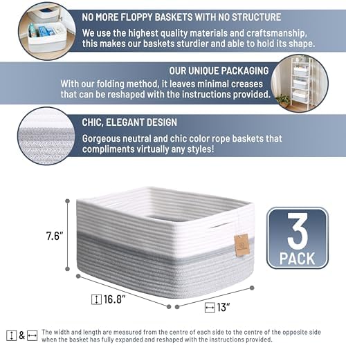 NaturalCozy Storage Baskets 16.8”x13”x7.6” Cotton Rope Woven Baskets for Organizing 3-Pack | Toy Storage Bins | Basket for Shelves, Laundry, Blanket, Clothes, Closet, Kitchen, Bathroom, Gifts - Image 2