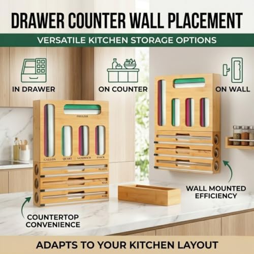 Atlas Lane Supply 9 in 1 Bamboo Storage Bag Organizer for Kitchen Drawer, Bamboo Kitchen Drawer Organizer with Cutter, Foil and Plastic Wrap Dispenser, Storage: Gallon, Quart, Sandwich and Snack Bags - Image 5