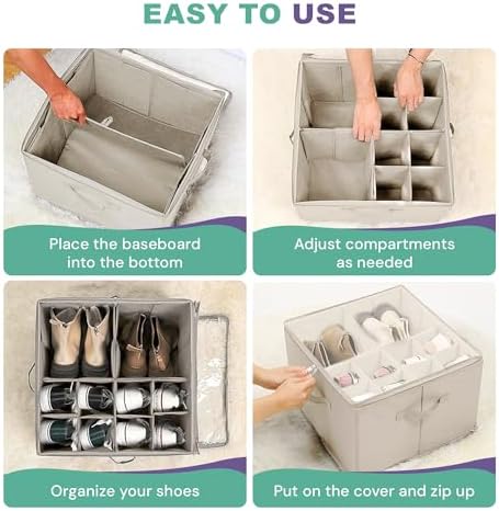2 Pack Under Bed Shoe Storage Organizer, 16-Compartment Foldable Shoe Storage Boxes with Adjustable Dividers & Clear PVC Lid, Sneakers, Heels, Boots & Sandals Organizer for Closet, Off White - Image 4